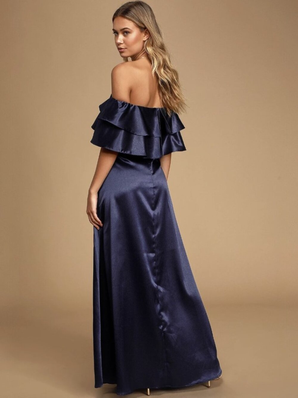 Lulus Pure Happiness Navy Blue Satin Off-the-Shoulder Maxi Dress NWT - Picture 3 of 9